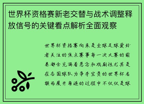 世界杯资格赛新老交替与战术调整释放信号的关键看点解析全面观察