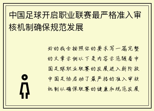 中国足球开启职业联赛最严格准入审核机制确保规范发展 中国足球开启职业联赛最严格准入审核机制确保规范发展