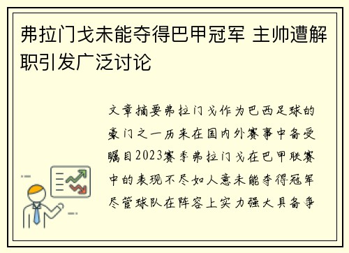 弗拉门戈未能夺得巴甲冠军 主帅遭解职引发广泛讨论 弗拉门戈未能夺得巴甲冠军 主帅遭解职引发广泛讨论