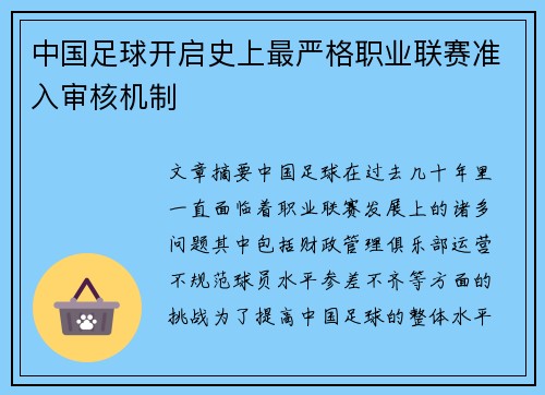 中国足球开启史上最严格职业联赛准入审核机制